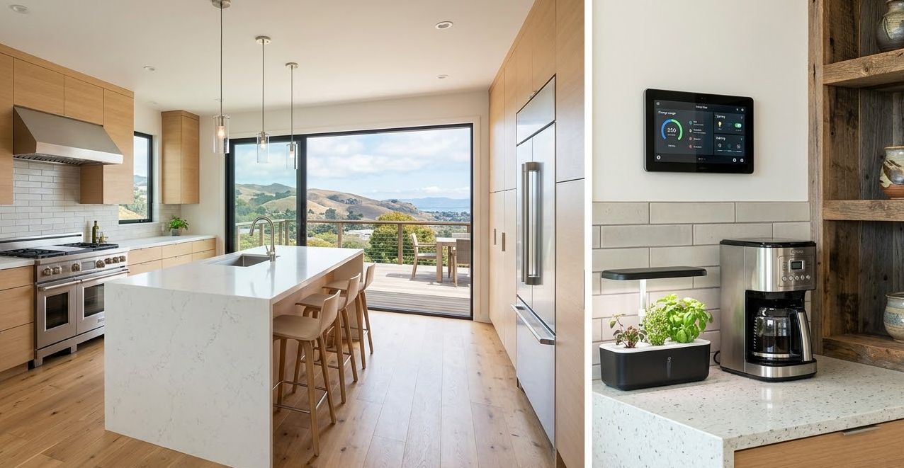 Modern Bay Area kitchen with scenic view, smart tech, and sustainable materials.